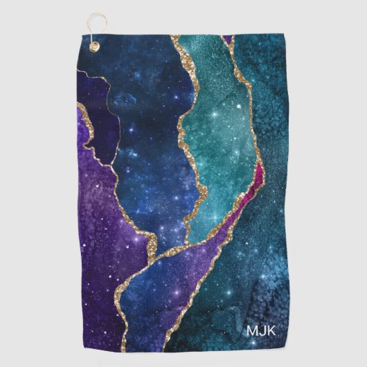 Serviette De Golf Agate Bleu Violet Aqua Veines Or Monogramme (Devant)