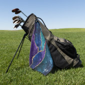 Serviette De Golf Agate Bleu Violet Aqua Veines Or Monogramme (Vert)