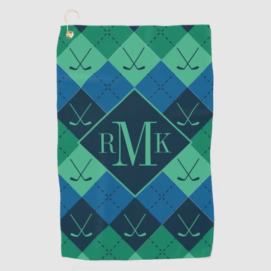 Serviette De Golf Ajouter votre monogramme | Motif Jacquard bleu et (Devant)