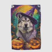 Serviette De Golf Alaskan Malamute Halloween sorcière et Citrouille (Devant)