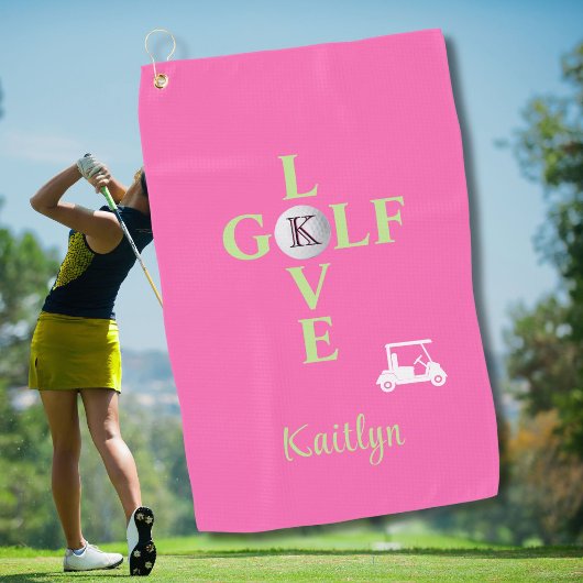 Serviette De Golf Amour de golf en rose chaud Monogramme Nom