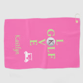 Serviette De Golf Amour de golf en rose chaud Monogramme Nom (Horizontal)
