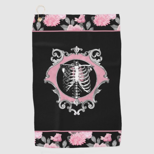 Serviette De Golf Amour gothique | Squelette rose et noir Coeur flor (Devant)
