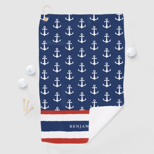 Serviette De Golf Ancre blanche bleu marine monogramme (En situation)