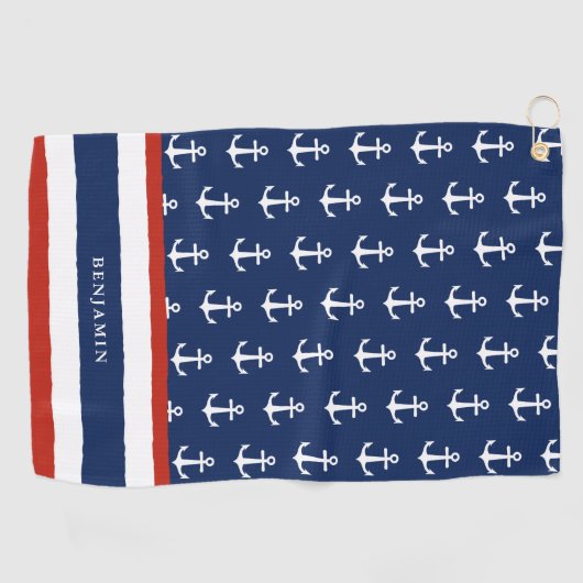 Serviette De Golf Ancre blanche bleu marine monogramme (Horizontal)
