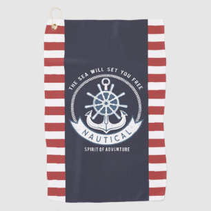 Serviette De Golf Ancre nautique,Roue, Bleu marine,Rayes rouges