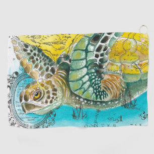 Serviette De Golf Aquarelle de la tortue marine Carte Vintage blanc