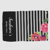 Serviette De Golf Aquarelle Fleurs rouges et roses Gris noir (Horizontal)
