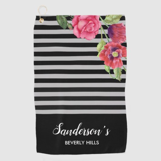 Serviette De Golf Aquarelle Fleurs rouges et roses Gris noir (Devant)