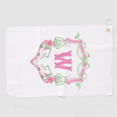 Serviette De Golf Aquarelle Pink & Green Golf Panier Monogram Crest (Horizontal)