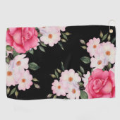 Serviette De Golf Aquarelle Vibrant rose Roses blanches Moderne Noir (Horizontal)
