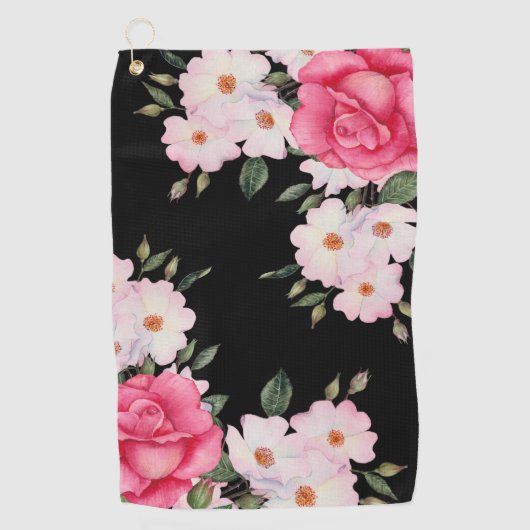 Serviette De Golf Aquarelle Vibrant rose Roses blanches Moderne Noir (Devant)