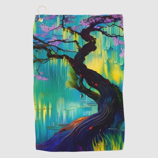 Serviette De Golf Arbre rose à fleurs sur l'eau turquoise (Devant)