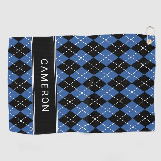 Serviette De Golf Argyle à carreaux personnalisé Nom Noir Bleu (Horizontal)