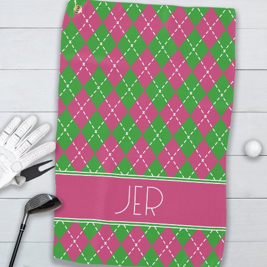 Serviette De Golf Argyle à carreaux rose vert monogramme personnalis