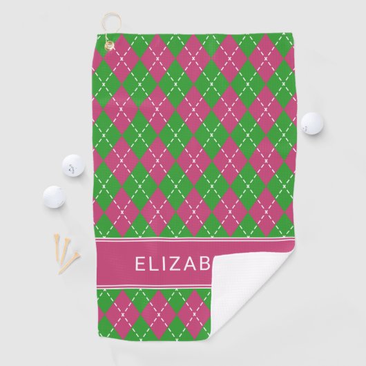 Serviette De Golf Argyle Plaid Pink Green Custom Name Preppy (En situation)
