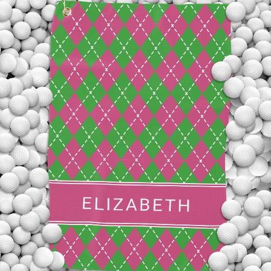 Serviette De Golf Argyle Plaid Pink Green Custom Name Preppy