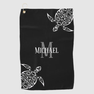 Serviette De Golf Arrière - plan noir tribal de tortue blanche Mo