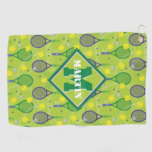 Serviette De Golf Avec nom et initiale, raquette de tennis verte et  (Horizontal)