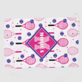 Serviette De Golf Avec nom & initiale, raquettes de tennis rose & vi (Horizontal)