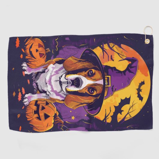 Serviette De Golf Beagle éffrayant Halloween Witch Et Citrouille (Horizontal)