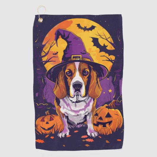 Serviette De Golf Beagle éffrayant Halloween Witch Et Citrouille (Devant)