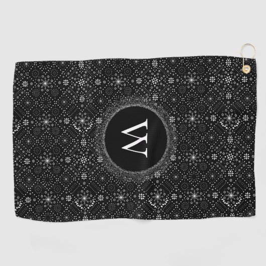 Serviette De Golf Black and White Snowflakes Pattern Monogram (Horizontal)
