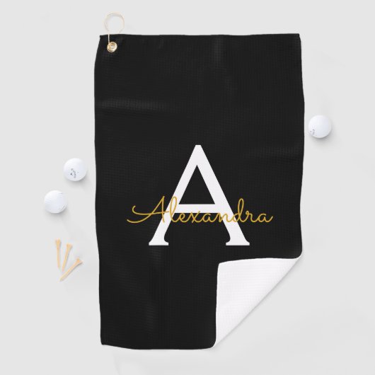 Serviette De Golf Black Gold Modern Script Girl Monogramme Nom (En situation)