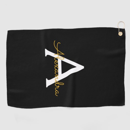 Serviette De Golf Black Gold Modern Script Girl Monogramme Nom (Horizontal)