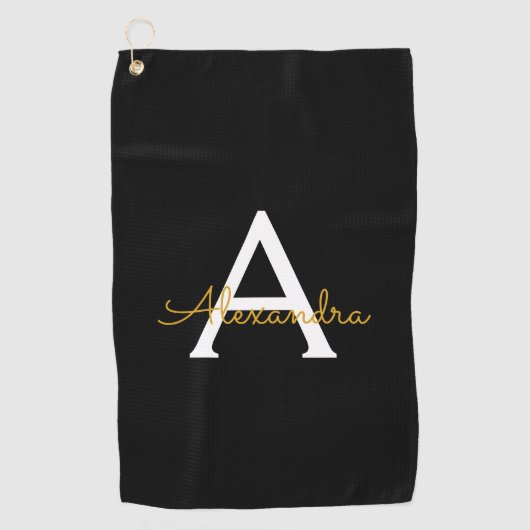 Serviette De Golf Black Gold Modern Script Girl Monogramme Nom (Devant)