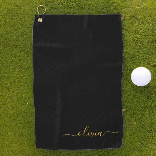 Serviette De Golf Black Gold Modern Script Girl Monogramme Nom