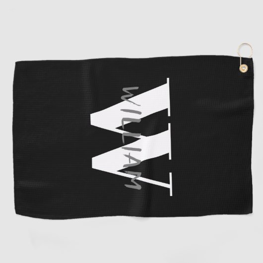 Serviette De Golf Black | Nom gris élégant et blanc initial initial (Horizontal)