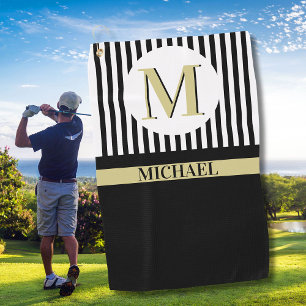 Serviette De Golf Black White Strips Nom du monogramme