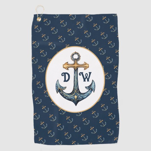 Serviette de golf bleu marine à ancres monogrammes (Devant)