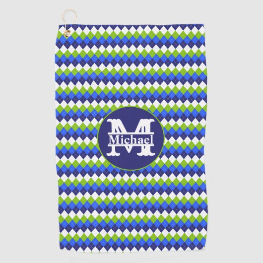 Serviette De Golf Bleu, vert citron et argyle monogrammé blanc (Devant)