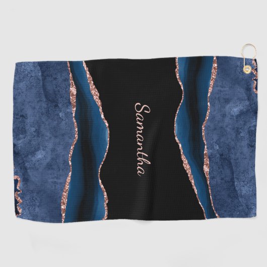 Serviette De Golf Blue Agate Rose Gold Nom (Horizontal)