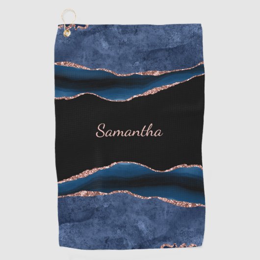 Serviette De Golf Blue Agate Rose Gold Nom (Devant)