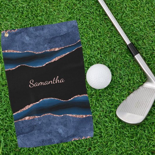 Serviette De Golf Blue Agate Rose Gold Nom