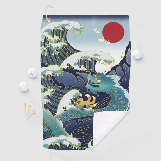Serviette De Golf Blue Waves Green Dragon Red Sun (En situation)