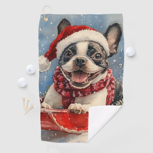 Serviette De Golf Boston Terrier Dog in Sledge Let it Neige Noël (En situation)