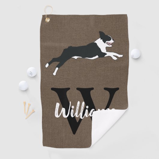 Serviette De Golf Boston Terriers Rustique Monogramme Nom (En situation)
