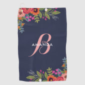 Serviette De Golf Bouquets floraux de Boho - bleu marine et (Devant)