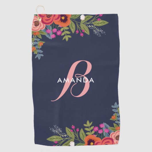 Serviette De Golf Bouquets floraux de Boho - bleu marine et (Devant)