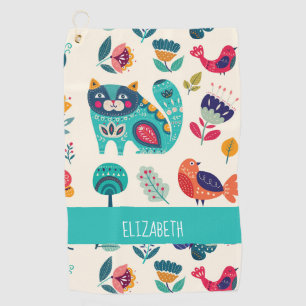 Serviette De Golf Budget Pretty Girly Cats Folk Art Style AJOUTER LE