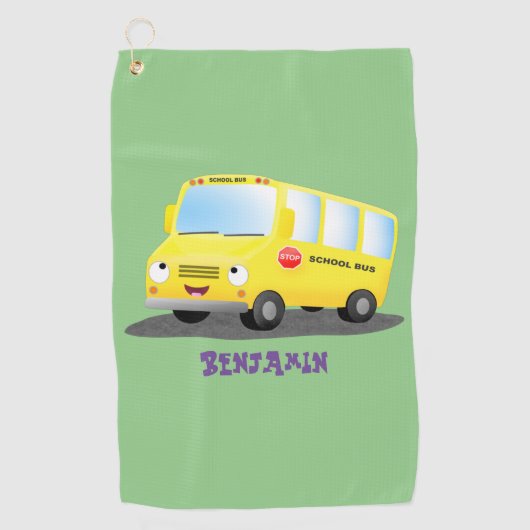 Serviette De Golf Caricature du bus scolaire jaune joyeux (Devant)