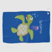 Serviette De Golf Caricature joyeuse de tortue de mer verte mignonne (Horizontal)
