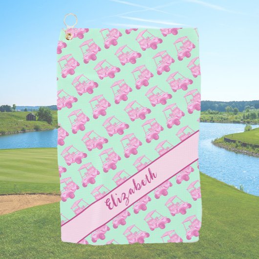 Serviette De Golf Chariot de golf rose et vert amusant nom personnal