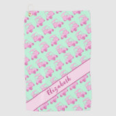 Serviette De Golf Chariot de golf rose et vert amusant nom personnal (Devant)