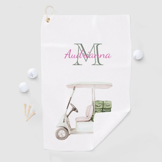 Serviette De Golf Chariot de Golf Vert Blanc Monogramme (En situation)