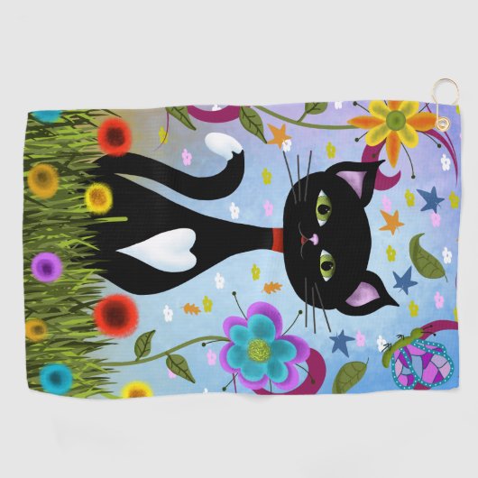 Serviette De Golf Chat Dans Un Jardin Art Abstrait (Horizontal)